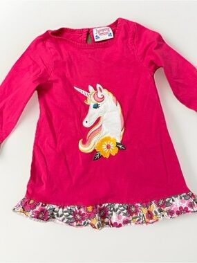 jumping beans Bright Pink Long-Sleeve Unicorn Top with Floral Ruffle